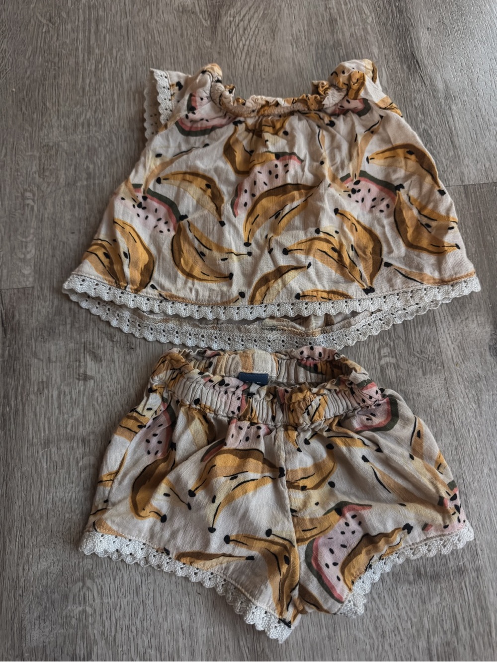 Old Navy Cream Banana-Print Lace Trim Shorts Set with Pink Accents